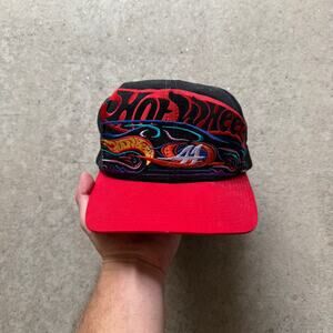 Vintage 90's Hot Wheels Racing NASCAR #44 Black Red Flame Adjustable Hat Cap VTG